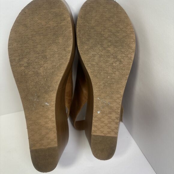 Johnston and Murphy Brown Leather Open Toe Wedges Wooden Heel Gold Buckle Sz 10 - Picture 7 of 10